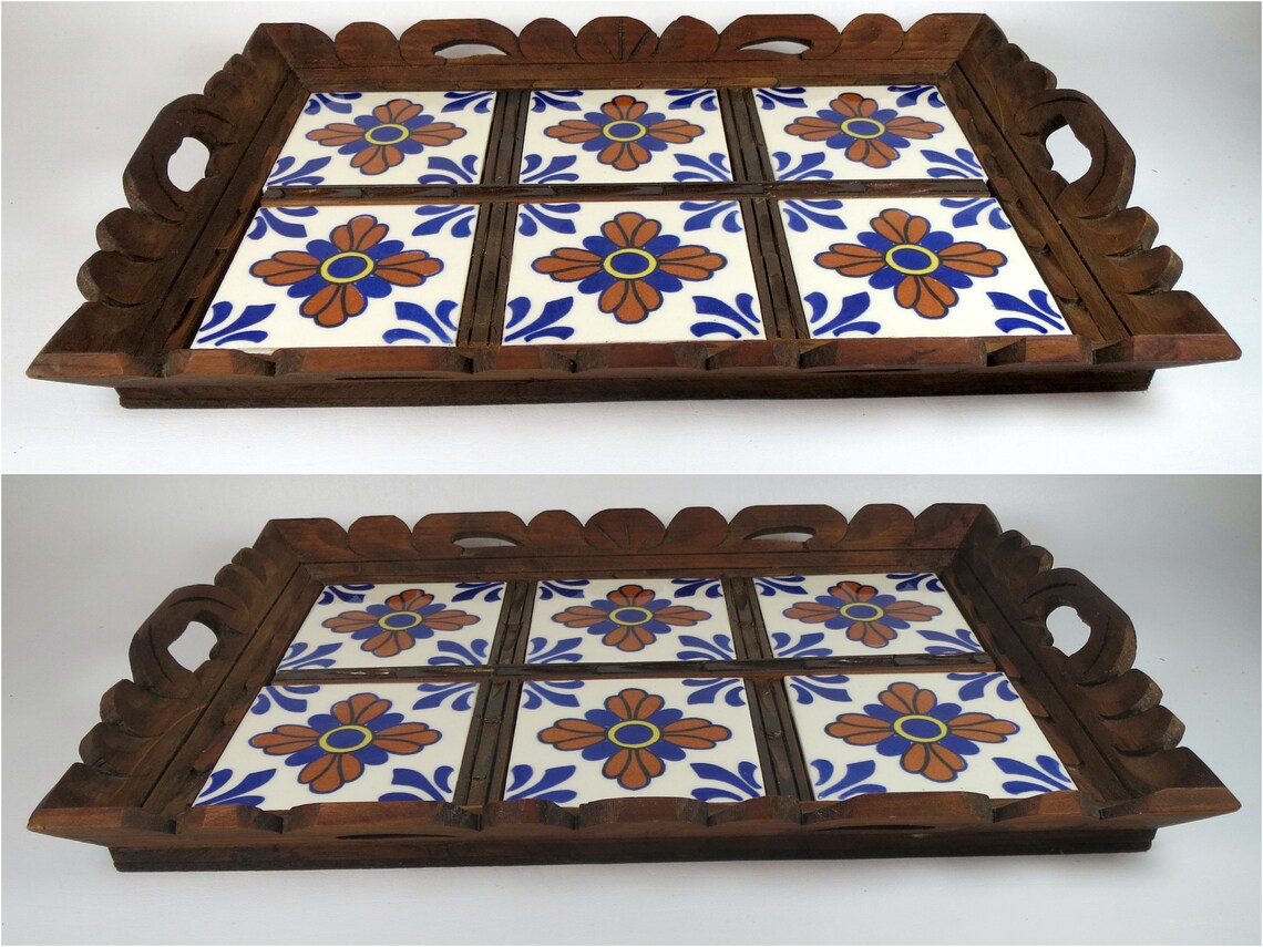 Mexican Tile Serving Tray w Handles Hand Carved Wood Tray Etsy