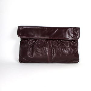 Burgundy Genuine Leather Fold Over Flap Purse 1980s Clutch Bag with Wristlet Vintage Red Wine Leather Handbag Maroon Leather Clutch Purse