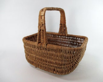 Antique Gathering Basket Top Handle Willow Reed Basket Hand Woven Wicker Storage Vintage Handcrafted Rattan Basket Farmhouse Cottage Decor