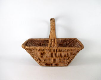 Cesta de caña de sauce con mango superior, cesta de recolección antigua, almacenamiento de mimbre tejido a mano, cesta de ratán hecha a mano, decoración de casa de campo