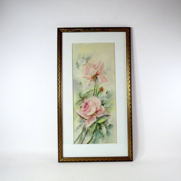 Pink Roses Original Watercolor Painting Floral Still-Life Antique Framed Flower Painting Vintage Still-Life Shabby Chic Home Vtg Wall Decor