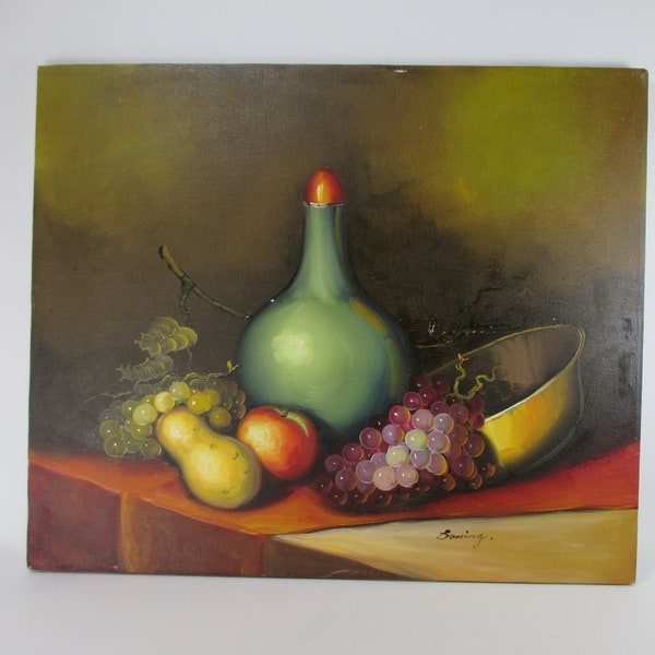 Wine Bottle Still-Life Oil on Canvas Vintage Kitchen Painting Original Signed Unframed Painting Wine Grapes Apple Pear on Table 20 x 24