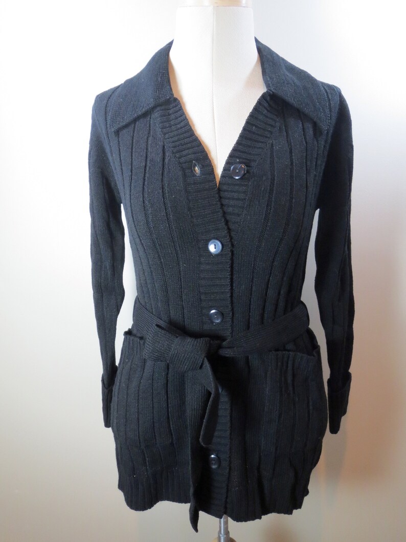 New Vintage Belted Cardigan 1970s Bohemian Knit Sweater Button Down Sweater Black Sweater Vintage Knit Sweater Vintage Sweater Women/'s S