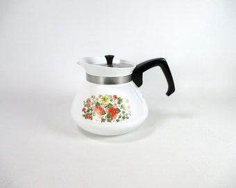 Corning Ware 6-Cup Teapot Indian Summer Stove Top Coffee Pot w Removable Metal Lid Vintage 70s Floral on White Enamelware Kitchenware P-104