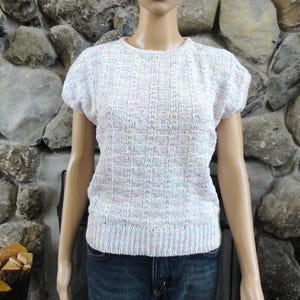 1980s Pastel Cotton Knit Sweater Short Cap Sleeve Pullover Vintage Crew Neck Top White Light Pink Green Blue Spring Summer Sweater Women&#39;s S