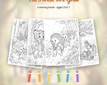 Printbaar kleurboek in PDF-formaat · Het bos dat we hebben aangeplant · 21 kleurplaten met het complete verhaal · Kinderen van 3-7 jaar · Direct te downloaden