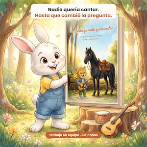 Könnte beinhalten: Ein weißer Hase in blauer Latzhose hält ein Buch mit dem Titel La canción que nadie quiere cantar. Das Cover zeigt einen Leoparden mit Gitarre neben einem schwarzen Pferd. Der Text darüber lautet Nadie quería cantar. Hasta que cambió la pregunta.