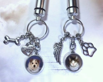 Pet Cremation Key Ring with Custom Photo and Cremation Urn Loss of Family Member, Pet, Friend Family Sets