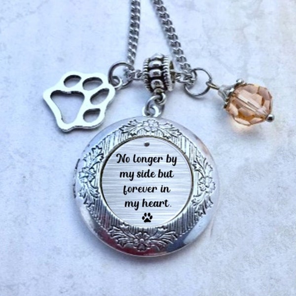 No longer by my side but forever in my heart Pet Memorial Photo Locket Necklace with Birthstone Photo Locket Necklace