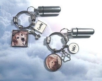 2 Pet Memorial Key Rings with Custom Photo and Cremation Urn Loss of Cat Dog Memory and Remains Vial Ash Container