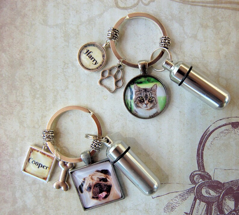 Pet Memorial Key Ring Pet Memorial Keychain  with Custom Photo and Cremation Urn,  Loss of Cat,  Loss of Dog Memory,  Ash Container 