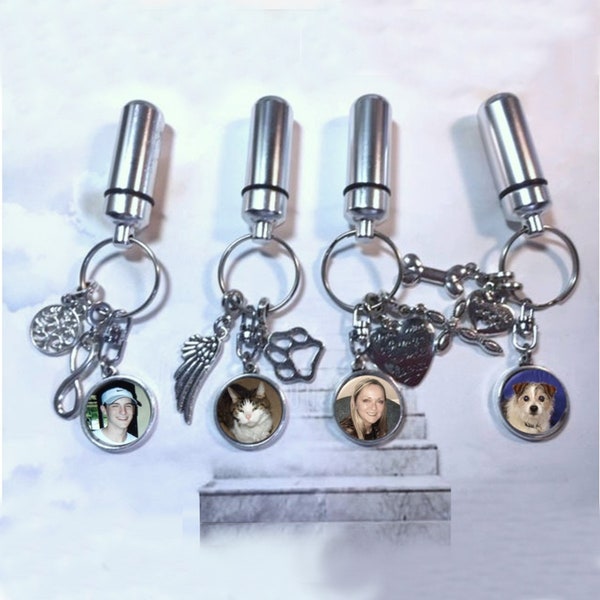 Cremation Key Ring with Custom Photo and Cremation Urn Loss of Family Member, Pet, Friend Family Sets