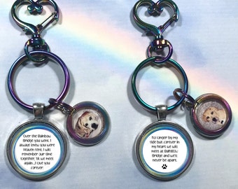 Pet Loss Memorial Rainbow Bridge Clip Charm Purse or Belt Clip Photo Key Ring with Optional Urn