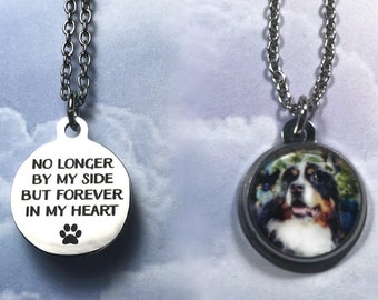 Pet Loss No Longer by my Side Pet Memorial Photo Necklace Double Sided Minimalist Style