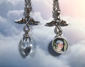 Photo Necklace, Infinity Angel Wings Necklace with Photo and Name Charm or Urn, Memorial Photo  Necklace, Infinity Charm Necklace