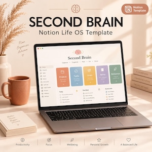 May include: A laptop displaying a Second Brain Notion Life OS template with colorful navigation cards for projects, tasks, goals, notes, and resources. The screen shows a dashboard with a sidebar menu, daily tasks, and quick links. Text includes Plan, Organize, Achieve, and Better Plans, Bigger Dreams.