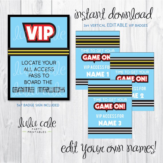 Game Truck Party VIP Access Badges | INSTANT DOWNLOAD | Edit Your Own | Game Truck Decorations | Retro Video Game Party | LuluCole Il_570xn