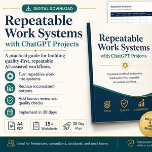 Może przedstawiać: Cyfrowy skoroszyt zatytułowany Repeatable Work Systems with ChatGPT Projects. Okładka ma ciemnoniebiesko-biały wzór ze złotymi ikonami skupienia, jakości i spójności. Zawiera 15+ arkuszy roboczych, format PDF A4 oraz 30-dniowy plan działania.