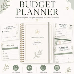 Peut inclure: Un planificateur budgétaire à spirales avec une couverture blanche portant le texte PIANO FINANZIARIO, entouré de quatre modèles de pages numériques incluant OBIETTIVI FINANZIARI DEL MESE, SPESE FISSE, RIEPILOGO del Mese et TRACCIATORE Settimanale.