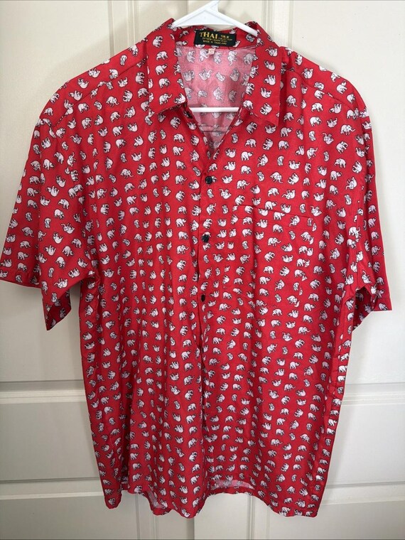 Vintage Thai Silk Collection Siew Chang Huat Red Elephant Print Shirt Mens Large