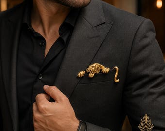 Broche de bolso com tigre dourado, prendedor de lapela para terno masculino, acessório de casamento para noivo.