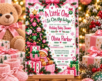 Könnte beinhalten: Eine rechteckige Einladungskarte für eine Babyparty mit rosa Vichy-Karo-Rand, geschmücktem Weihnachtsbaum, Teddybär und Geschenken. Der Text lautet: A Little One Is On the Way! Holiday Baby Shower Honoring Olivia Parker.