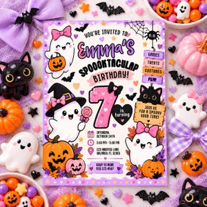 May include: A rectangular birthday invitation card featuring cartoon ghosts, pumpkins, and bats. The text reads: You're invited to Emma's Spooktacular Birthday! 7 is turning. Saturday, October 24th, 2:00 PM - 5:00 PM, 123 Haunted Lane, Orlando, FL 32801.
