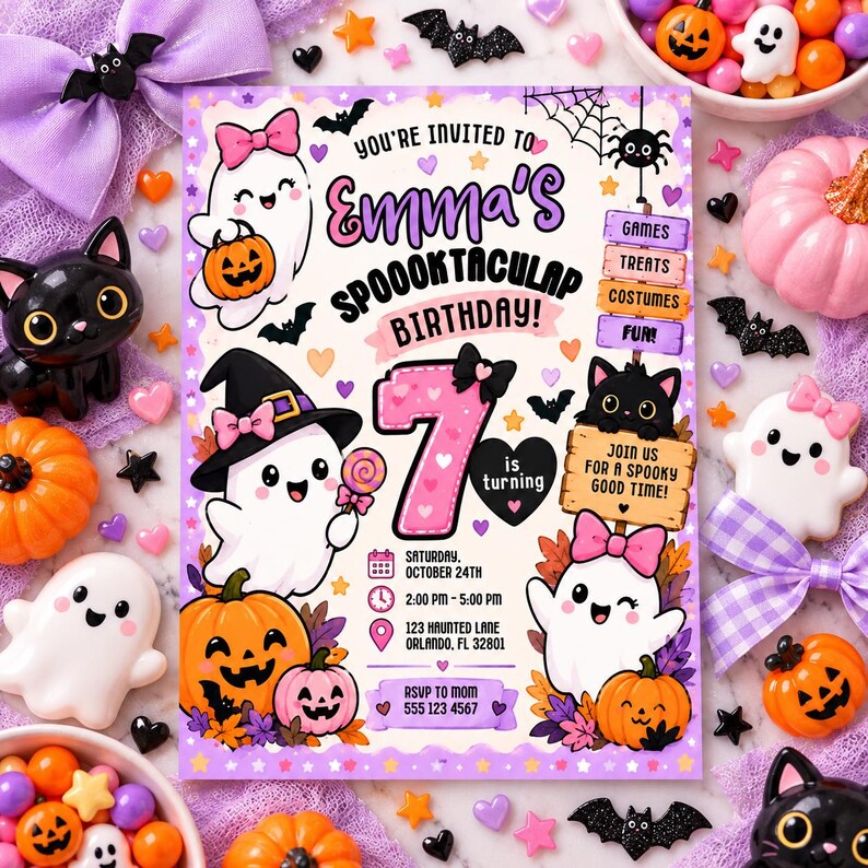 May include: A rectangular birthday invitation card featuring cartoon ghosts, pumpkins, and bats. The text reads: You're invited to Emma's Spooktacular Birthday! 7 is turning. Saturday, October 24th, 2:00 PM - 5:00 PM, 123 Haunted Lane, Orlando, FL 32801.