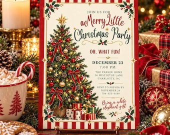 Könnte beinhalten: Eine rechteckige Weihnachtsparty-Einladungskarte mit einem geschmückten Baum, roten Schleifen und goldenen Ornamenten. Der Text lautet: JOIN US FOR a Merry Little Christmas Party OH, WHAT FUN! DECEMBER 23 7:00 PM THE PARKER HOME 36 MISTLETOE LANE CHARLOTTE, NC RSVP TO SOPHIA BY NOVEMBER 28 704-555-0199 Bring a white elephant gift.