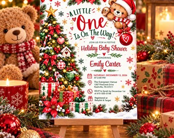 Weihnachtseinladung zur Babyparty, Einladung zur Teddybär-Weihnachtsfeier, Thema Rot, Grün und Rosa