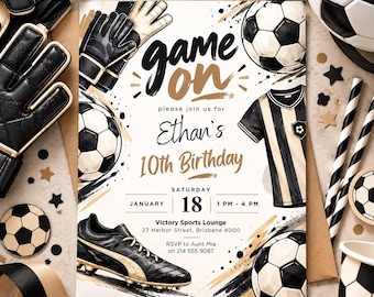 Einladung zum Fußball-Geburtstag in Schwarz und Gold, Einladung zur Fußballparty, Motto zum 10. Geburtstag
