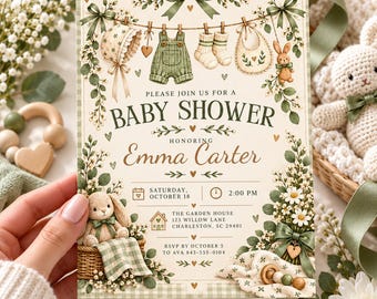 Könnte beinhalten: Eine cremefarbene Babyparty-Einladungskarte mit grünem Vichy-Karo-Rand, Illustrationen von Babykleidung auf einer Wäscheleine, einem Hasen im Korb und Blumenmotiven. Der Text lautet: Please join us for a baby shower honoring Emma Carter, Saturday, October 18, 2:00 PM, The Garden House, 123 Willow Lane, Charleston, SC 29401, RSVP by October 5 to Ava 843-555-0104.