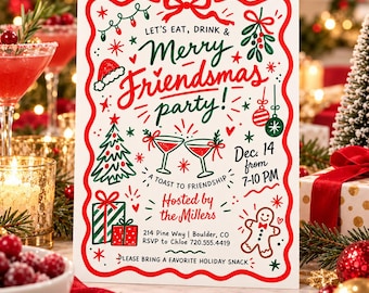 Könnte beinhalten: Eine weiße, rechteckige Einladung zur Weihnachtsfeier mit rotem Wellenrand. Sie zeigt rote und grüne Illustrationen eines Weihnachtsbaums, Geschenken, eines Lebkuchenmanns und Cocktailgläsern mit dem Text Let's Eat, Drink & Merry Friendsmas party!