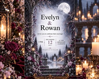 Könnte beinhalten: Eine rechteckige Hochzeitseinladungskarte mit einer mondbeschienenen Gartenszene, Steinbögen, Treppen und violetten Blumen. Der Text lautet: Evelyn & Rowan, Invite you to celebrate their marriage, December 12, 2027, 3 PM, At The Midnight Gardens.