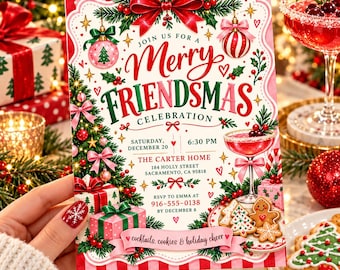 Könnte beinhalten: Eine rechteckige Einladungskarte mit rot-weiß gestreiften Rändern, einer großen roten Schleife und grünen Tannenzweigen. Der Text lautet Join Us For A Merry Friendsmas Celebration, Saturday, December 20, 6:30 PM, The Carter Home, 184 Holly Street, Sacramento, CA 95818, RSVP to Emma at 916-555-0138 by December 8, und cocktails, cookies & holiday cheer.