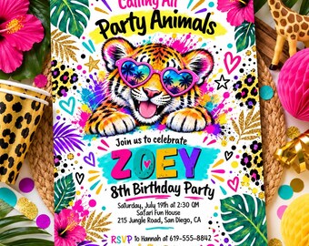 Könnte beinhalten: Eine rechteckige Geburtstagseinladung mit einem Tigerbaby, das eine herzförmige Sonnenbrille trägt. Der Text lautet: Calling All Party Animals, Join us to celebrate ZOEY 8th Birthday Party, Saturday, July 19th at 2:30 PM, Safari Fun House, 215 Jungle Road, San Diego, CA, RSVP to Hannah at 619-555-8842.