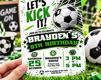 Grüne Fußball-Geburtstagseinladung, Einladung zur Kinderfußballparty, Motto zum 9. Geburtstag