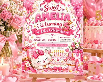 Könnte beinhalten: Eine rosa Geburtstagseinladungskarte mit einem weißen Kätzchen, einer Torte, Luftballons und Geschenken. Der Text lautet: Sweet AMELIA is turning 5, Let's Celebrate!, Sunday August 20, 3:00 PM, Amelia's House, 456 Oak Street, Brooklyn, NY 11211.
