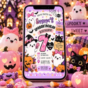 May include: A digital birthday invitation displayed on a smartphone screen featuring ghosts, pumpkins, and a black cat. The text reads: Emma's Spoooktacular Birthday, turning 7, Saturday October 24th, 2:00 PM-5:00 PM, 123 Haunted Lane, Orlando, FL 32801, RSVP to Mom 555 123 4567.