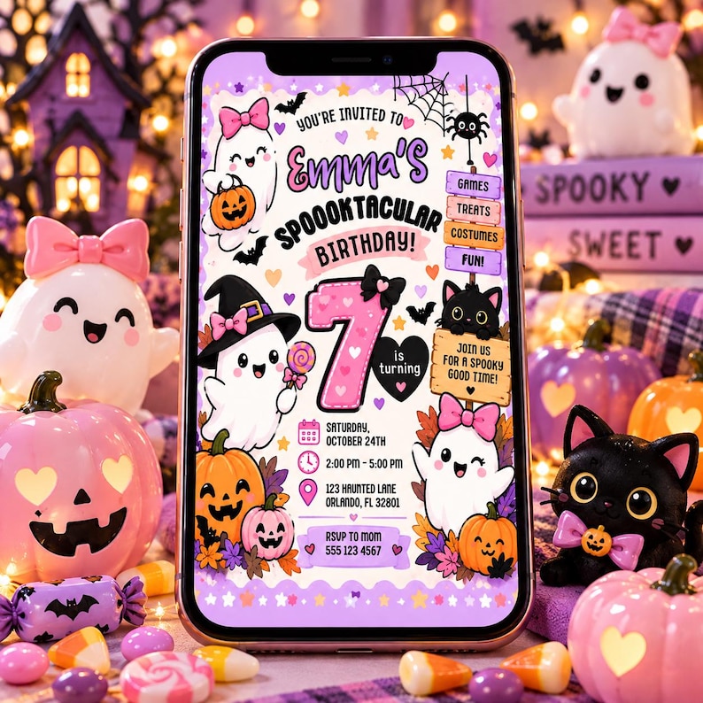 May include: A digital birthday invitation displayed on a smartphone screen featuring ghosts, pumpkins, and a black cat. The text reads: Emma's Spoooktacular Birthday, turning 7, Saturday October 24th, 2:00 PM-5:00 PM, 123 Haunted Lane, Orlando, FL 32801, RSVP to Mom 555 123 4567.