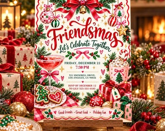 Könnte beinhalten: Eine Friendsmas-Einladungskarte mit roten und grünen Weihnachtsmotiven wie einem Cocktail, einer Tasse, Geschenken und Tannenzweigen. Der Text lautet Friendsmas Let's Celebrate Together, Friday, December 22, 7:30 PM, 321 Snowbell Drive, Los Angeles, CA 90026, RSVP by December 12 to Lily 323-555-0185 und Good friends, Great food, Holiday fun.
