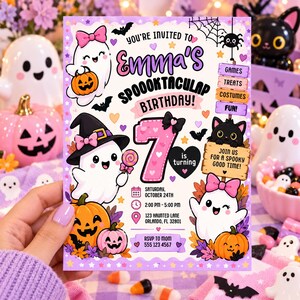 May include: A rectangular birthday invitation card featuring a white ghost with a pink bow, a ghost wearing a witch hat, and a black cat. The text reads: You're invited to Emma's Spooktacular Birthday! 7 is turning. Saturday, October 24th, 2:00 PM - 5:00 PM, 123 Haunted Lane, Orlando, FL 32801. RSVP to Mom 555 123 4567.