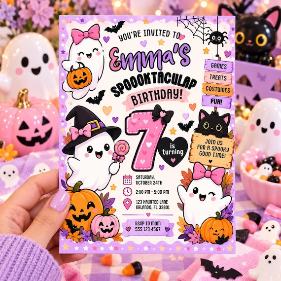Cute Halloween Birthday Invitation, Ghost Party Invite for Girls, Pink Purple Editable Template, Printable Digital Download, Spooky Birthday