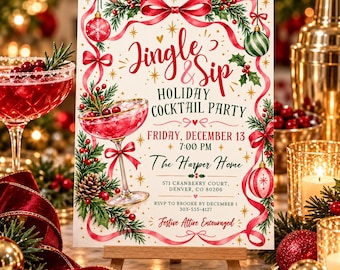 May include: A rectangular holiday cocktail party invitation card featuring the text Jingle & Sip, Holiday Cocktail Party, Friday, December 13, 7:00 PM, The Harper Home, 571 Cranberry Court, Denver, CO 80206, RSVP to Brooke by December 1.