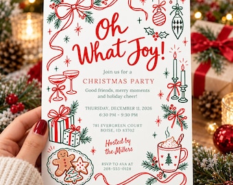 May include: A white Christmas party invitation card featuring red and green illustrations of ribbons, ornaments, gifts, gingerbread cookies, and a mug of cocoa. The text reads: Oh What Joy! Join us for a Christmas party, Thursday, December 11, 2026.
