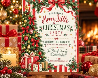 Könnte beinhalten: Eine rechteckige Weihnachtsparty-Einladungskarte mit einem geschmückten Baum, roten Schleifen und Geschenken. Der Text lautet: Join us for a Merry Little Christmas Party, Saturday, December 21, 6:30 in the evening, The Bennett Family, 118 Peppermint Grove, Nashville, TN 37212, Bring a white elephant gift.
