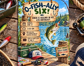 Könnte beinhalten: Eine Geburtstagseinladungskarte mit Angelmotiv, einem springenden Barsch, einem Holzschild mit der Aufschrift O-FISH-ALLY SIX! und Veranstaltungsdetails: Sonntag, 21. Juni, 15:30 Uhr, Dine Lake Dock, 215 Harbor Ooint Rd, Madison, Wisconsin.