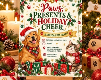 Könnte beinhalten: Ein Einladungsschild für eine Weihnachtsfeier mit einem Golden Retriever mit Weihnachtsmütze und einer getigerten Katze mit rotem Schal, umgeben von Geschenken. Text: Paws, PRESENTS & HOLIDAY CHEER, A HOLIDAY PET PARTY!, 12. Dezember 2026, 16:30 Uhr, Maple Bark Park, 418 Holly Ridge Drive, Portland, OR 97205, RSVP an Casey 503-555-0171.