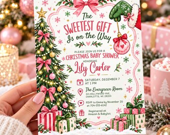 Könnte beinhalten: Eine Weihnachtseinladung zur Babyparty für Lily Carter mit geschmücktem Baum, rosa Schleifen und Geschenken. Der Text lautet: The Sweetest Gift Is on the Way, Samstag, 7. Dezember um 13 Uhr, The Evergreen Room, 321 Hollywood Ave, Charlotte, NC 28203.