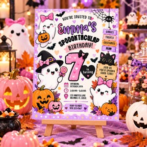 May include: A rectangular birthday invitation sign featuring cartoon ghosts, pumpkins, and a large pink number 7. The text reads: You're invited to Emma's Spooktacular Birthday! Join us for a spooky good time! Saturday, October 24th, 2:00 PM - 5:00 PM.